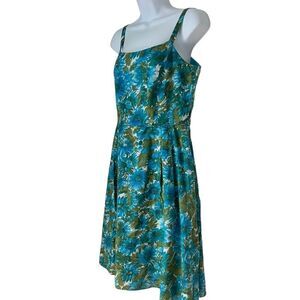 Talbots Fit Flare Green Teal Floral 100% Cotton Strap feminine Summer Dress 8P